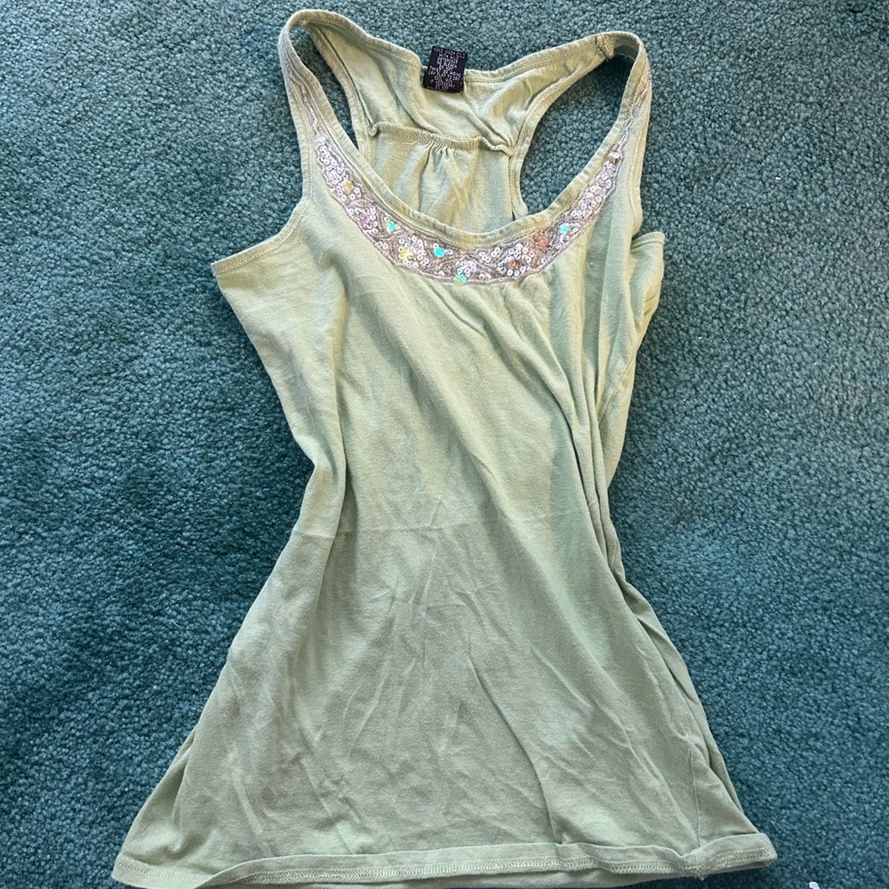 Green Embellished Fitted Tank Top